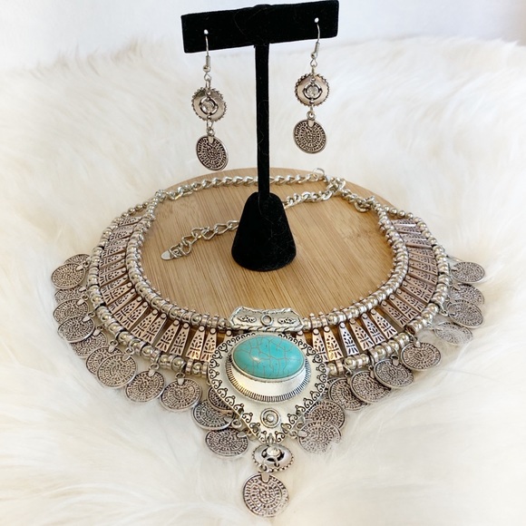 NWT Silver Coin Statement Necklace & Earrings Set with Turquoise Accent - Picture 5 of 14
